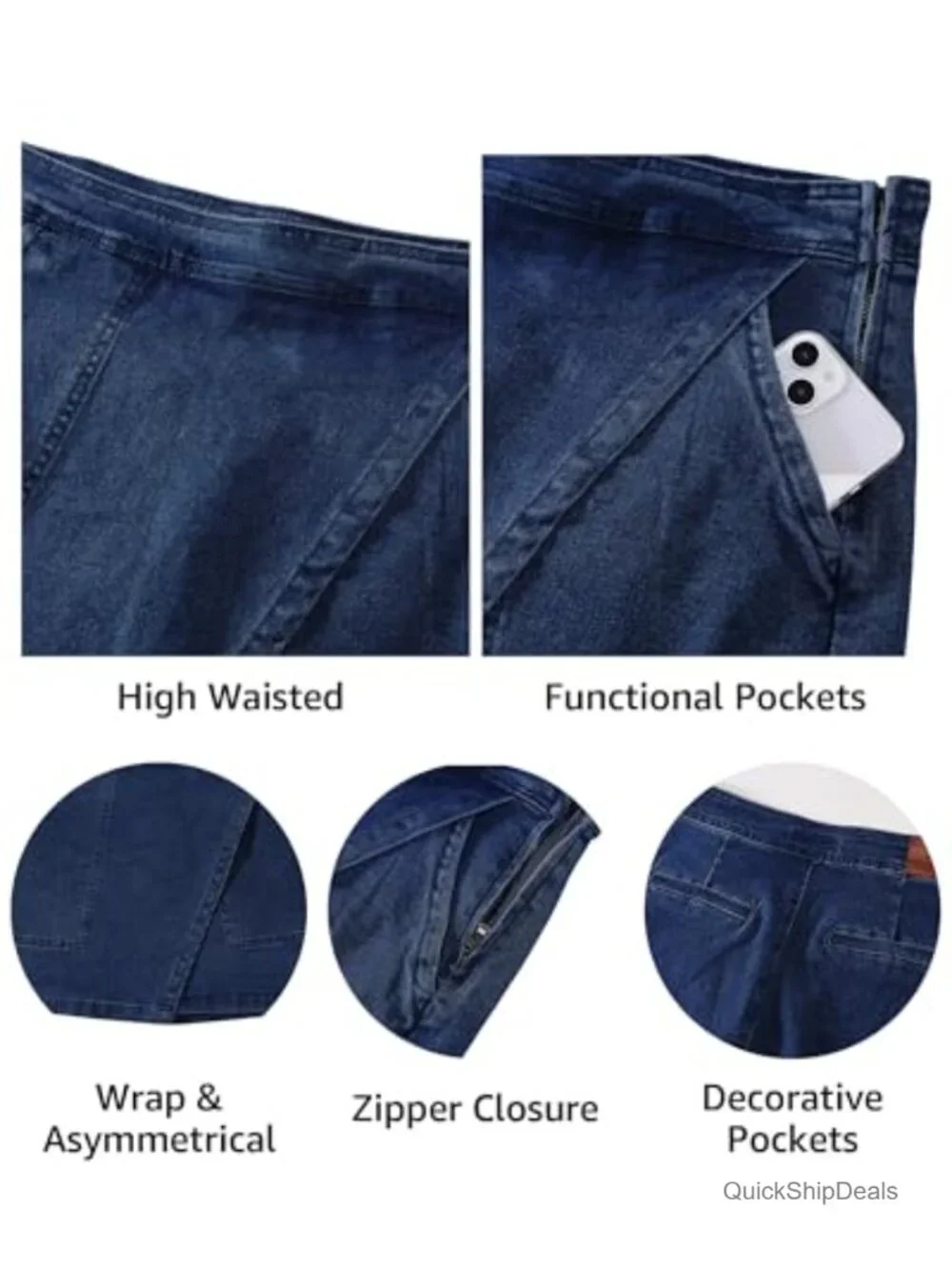 High Waisted Denim Mini Skirt with Pockets, Stretchy Wrap Skirt for Women